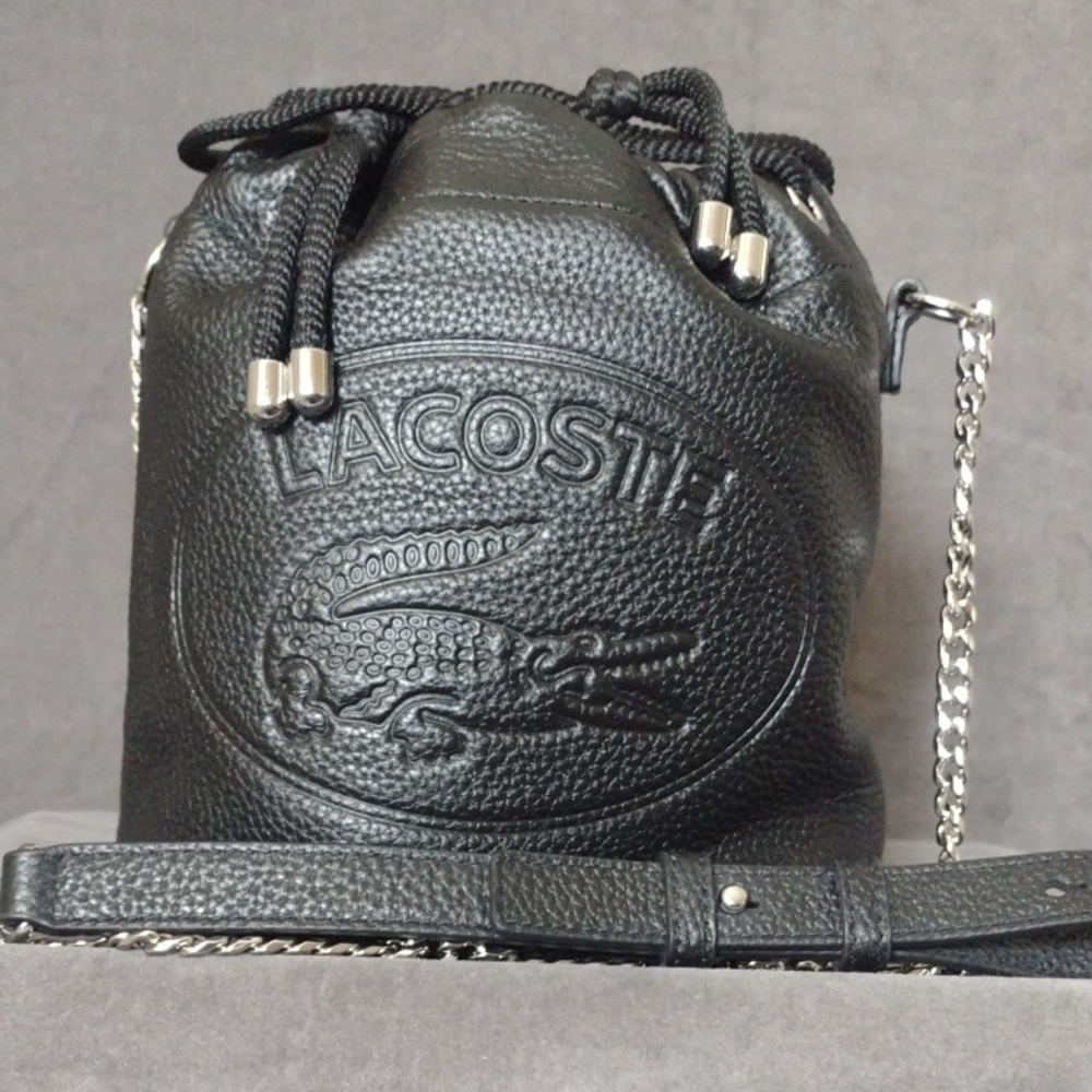 Lacoste Black Pebbled Leather Drawstring Bucket Bag